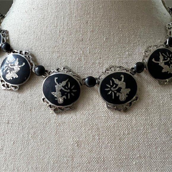 Vintage Ethnic Thai Siam Black Niello Sterling Silver Link Choker Necklace Dance - Picture 2 of 9